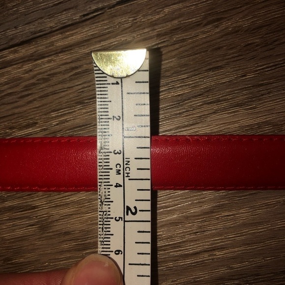 VTG Red Leather Waist Belt w Silver & Gold Tone Heavy Adjustable Buckle 26” - Picture 6 of 8